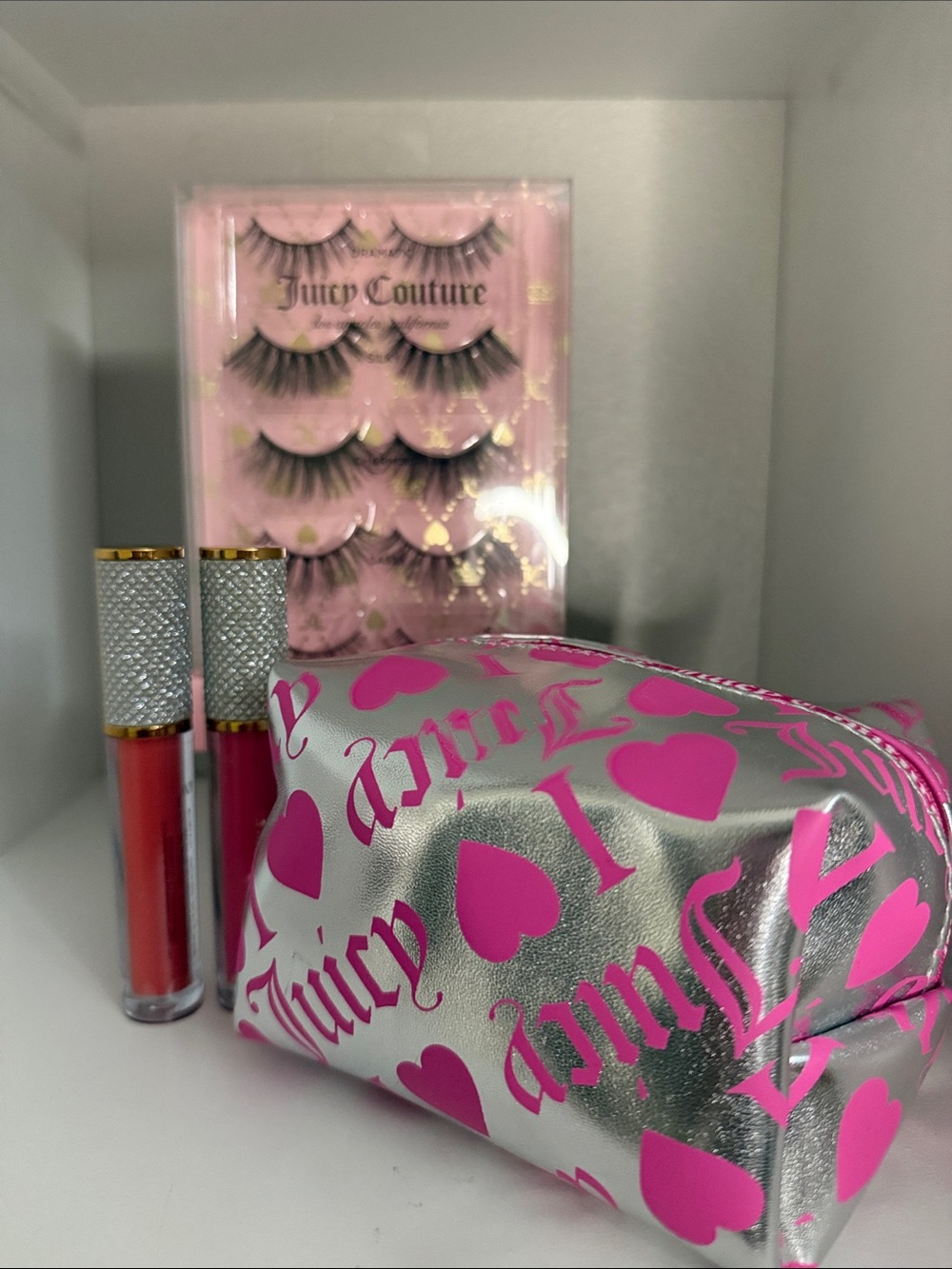 S Juicy Couture Silver Pink Cosmetic Pouch, Lip Glosses & Juicy Lashes
